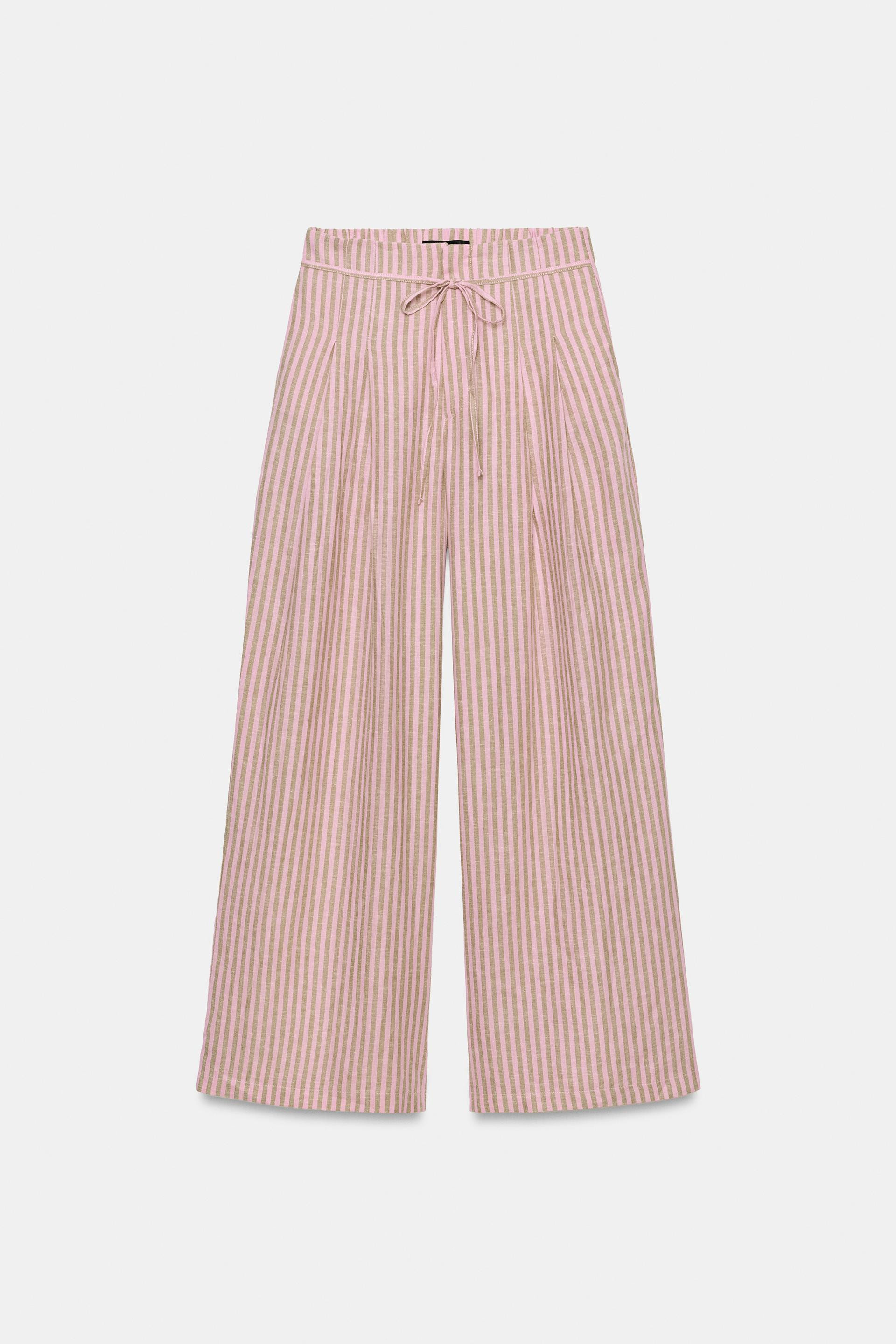 STRIPED DRAWSTRING LINEN BLEND TROUSERS | Zara US