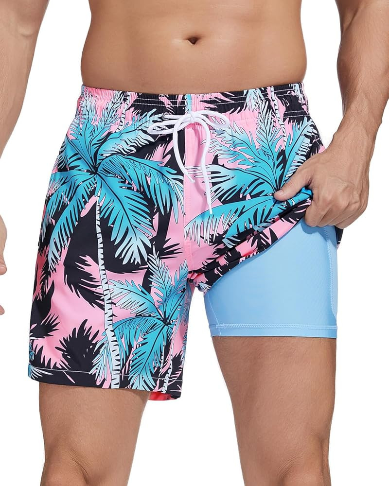 SILKWORLD Mens Swimming Trunks with Compression Liner 2 in 1 Quick-Dry Swim Shorts with Zipper Po... | Amazon (US)