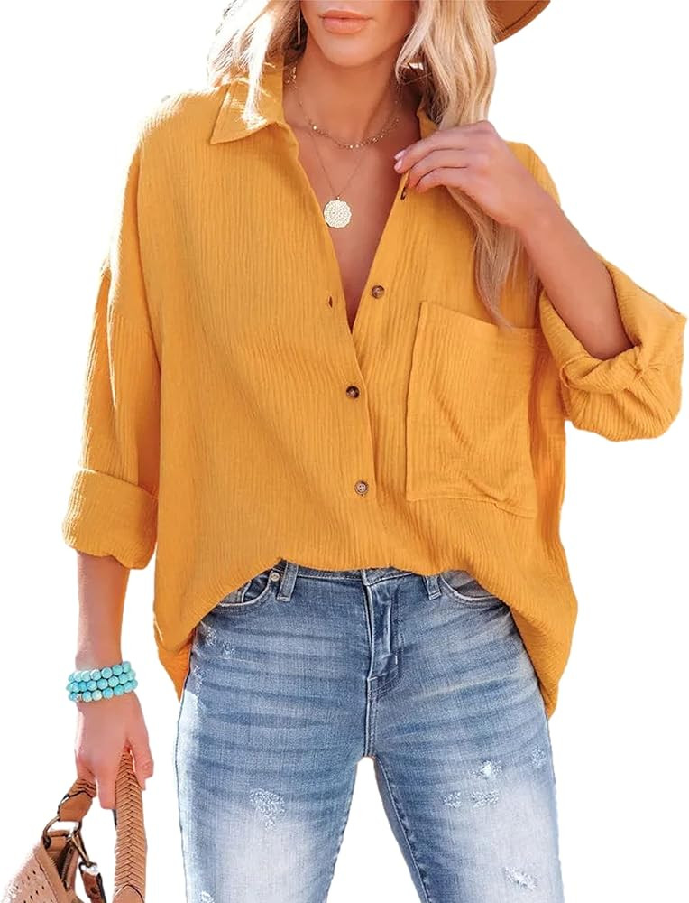 Mingzhu Womens Oversized Cotton Button Down Gauze Shirts Collared Long Sleeve Blouse Top | Amazon (US)