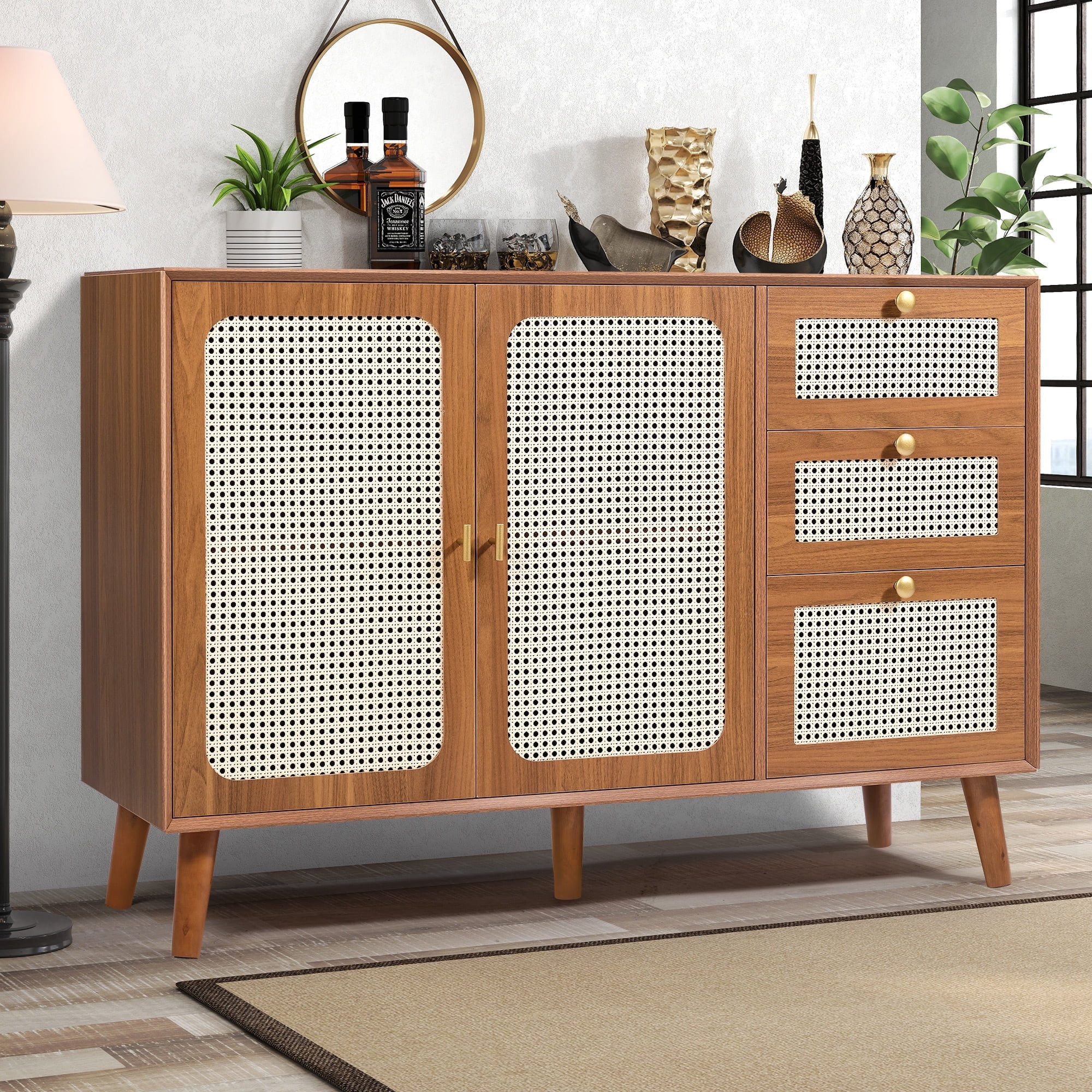 47“ Rattan Buffet Sideboard with Storage, Segmart Storage Cabinet with 2 Doors and 3 Drawers, F... | Walmart (US)