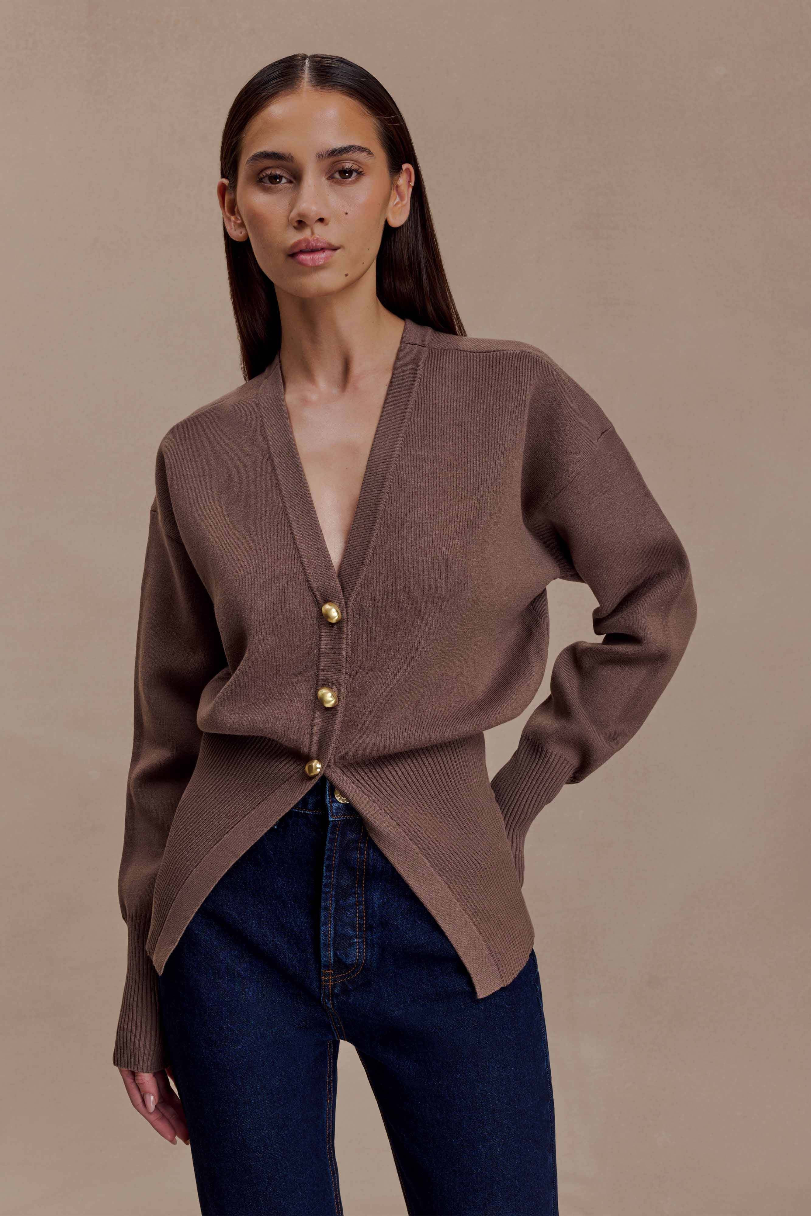 Statement Button Knit Cardigan - Cacao Brown | MESHKI US
