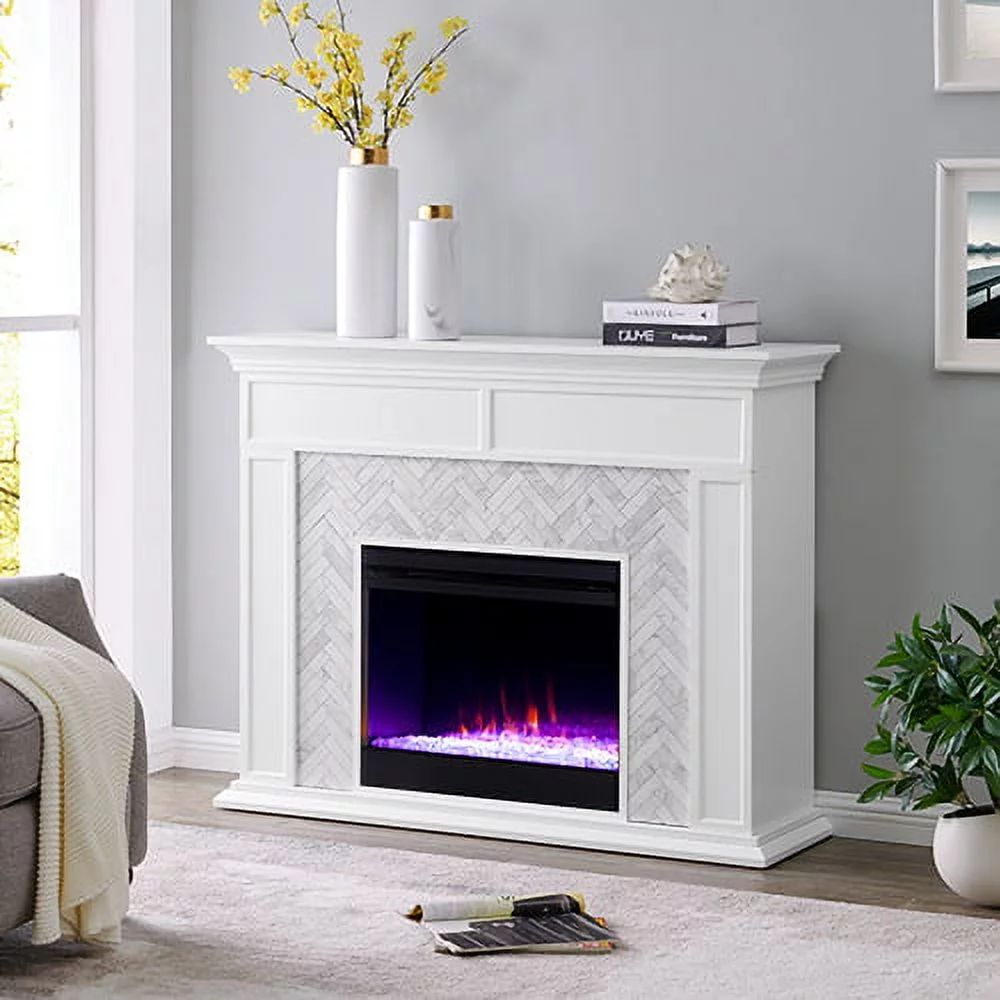 SEI Furniture Electric Freestanding Color Changing Tiled Fireplace in White with Gray Marble | Walmart (US)