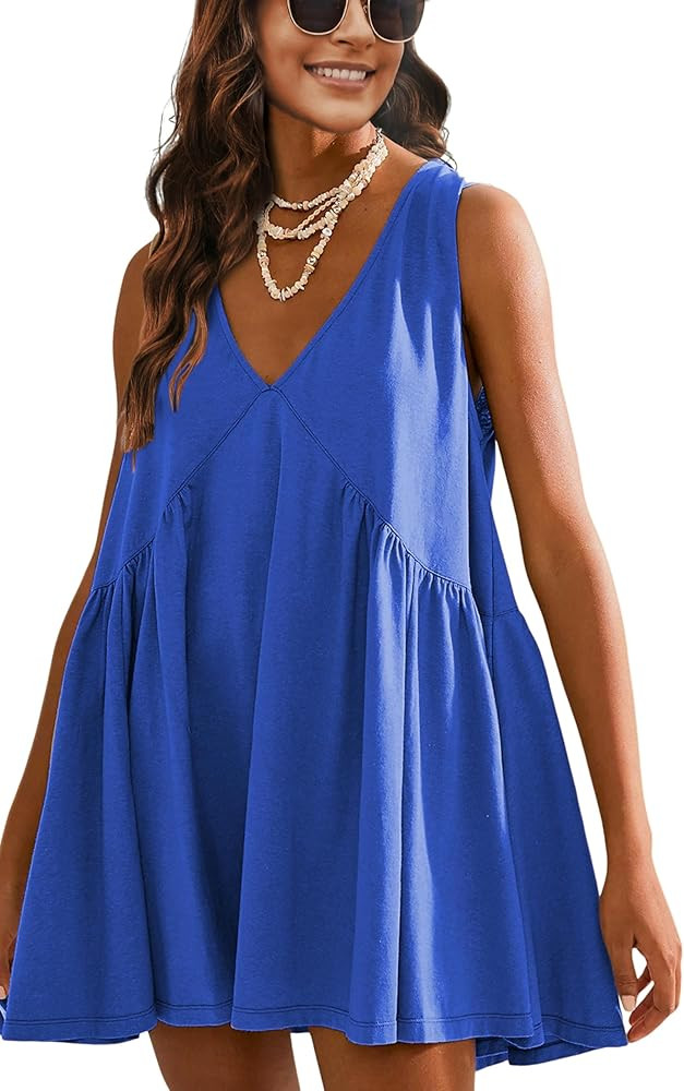 Athlisan Womens Summer Sleeveless Mini Dress Casual Loose V Neck Sundress with Pockets | Amazon (US)