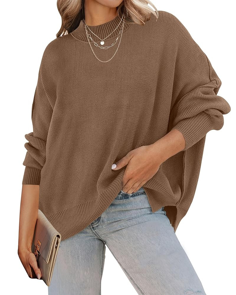 ZESICA Women's Fall 2025 Casual Long Sleeve Crew Neck Side Slit Oversized Ribbed Knit Pullover Sw... | Amazon (US)