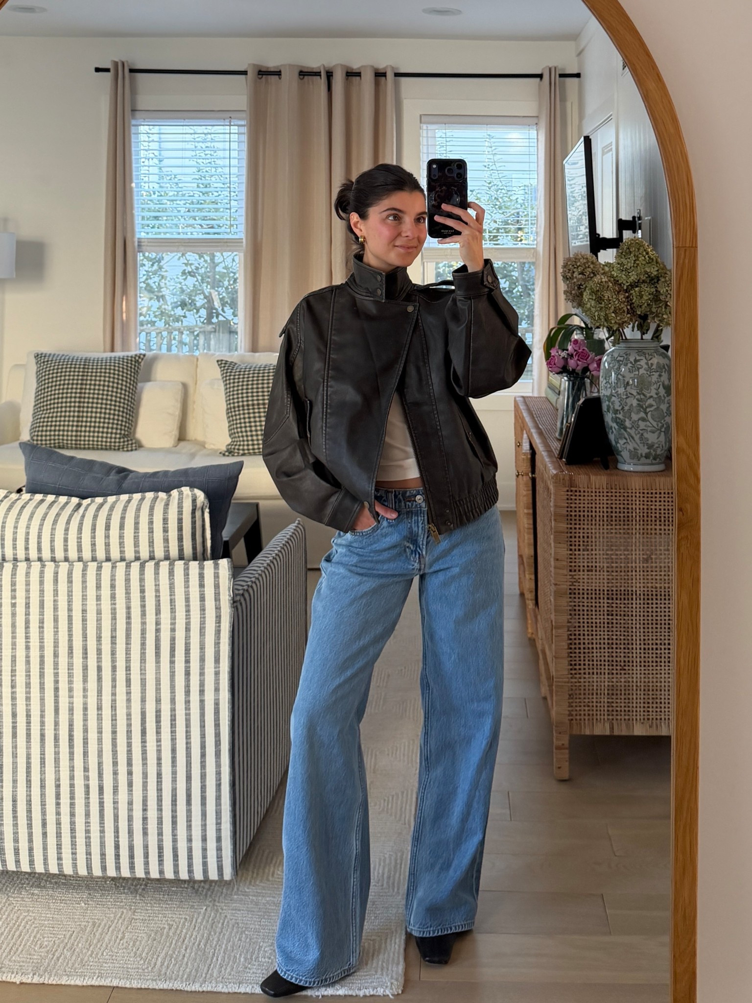 [2/2/26] final day to use my code AFVIVIANE for stackable 15% off | wearing  low rise ultra loose (regular length to pair with boots) run true to size or size up 1 for looser fit. Jacket is vegan leather and comes in 4 different colors, I’m in size XS 

*25-40% Off All Jeans: *Offer valid in stores and online 1/29/2026-2/2/2026 in US/CA. Excludes clearance. Online price reflects discount. 20% Off Almost Everything: *Offer valid in stores and online 1/29/2026-2/2/2026 in US/CA. Exclusions apply as indicated. Online price reflects discount. Promo Code: *Use code AFVIVIANE to get an additional 15% off almost everything in stores and online at checkout from 1/29/26-2/2/26 in US/CA. Exclusions apply. See details online.

#LTKSaleAlert #LTKSeasonal