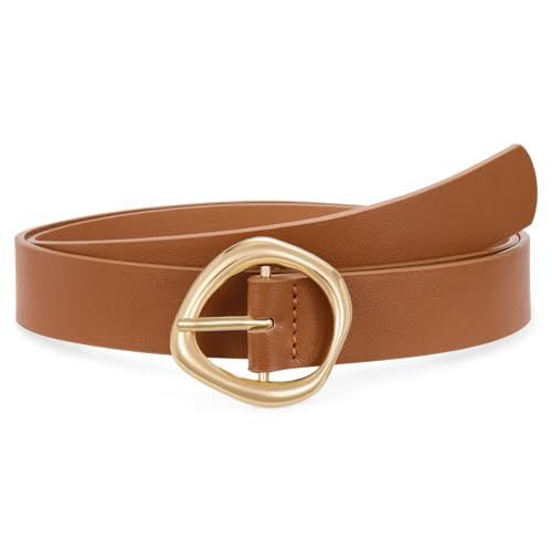 XZQTIVE Women's Faux Leather Belts with Gold Buckle, Fashion Casual Belt for Jeans Pants Dresses, Brown Belt | Amazon (US)