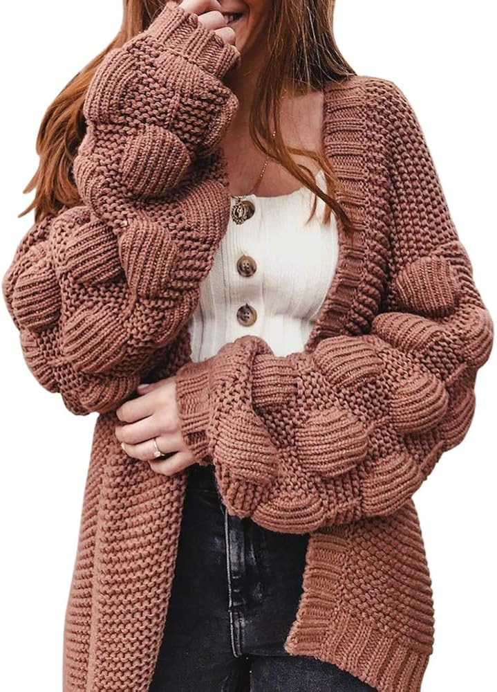 Ferbia Women Oversized Cardigan Knitted Cute Chunky Sweaters Wrap Long Fall Pom Pom Open Front Kn... | Amazon (US)