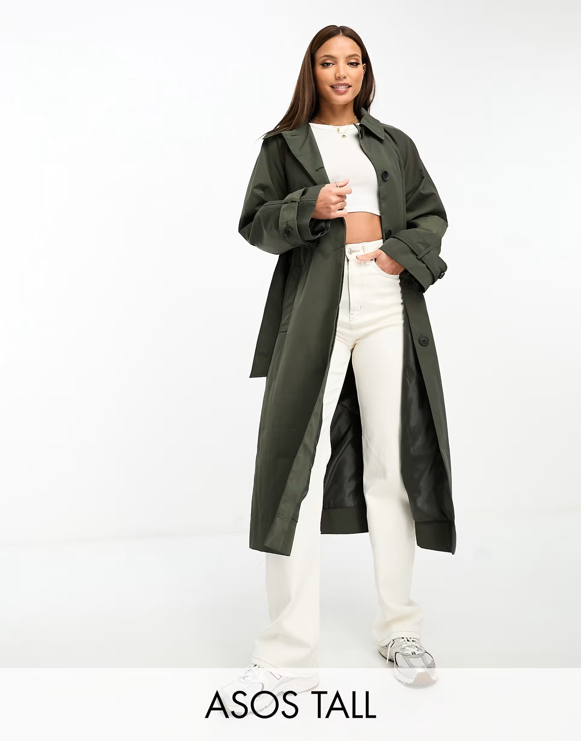 ASOS DESIGN Tall premium top collar trench in dark olive | ASOS (Global)