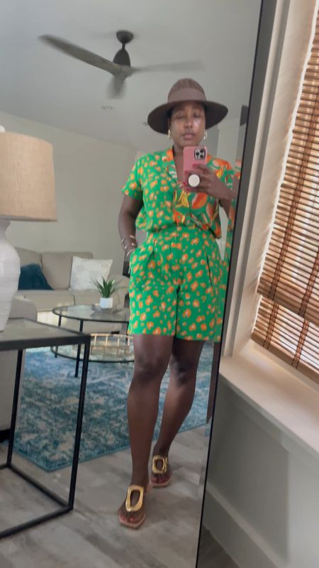 Green leopard button shirt green leopard print shorts matching set nude thong sandal brown Panama hat 

#vacationoutfit
#matchingset
#beachoutfit

#LTKSeasonal #LTKSale
