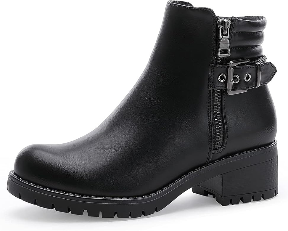 ALLOT Women's Stacked Chunky Heel Ankle Boots Buckle Straps Side Zipper Bootie Fashion Closed Toe... | Amazon (US)