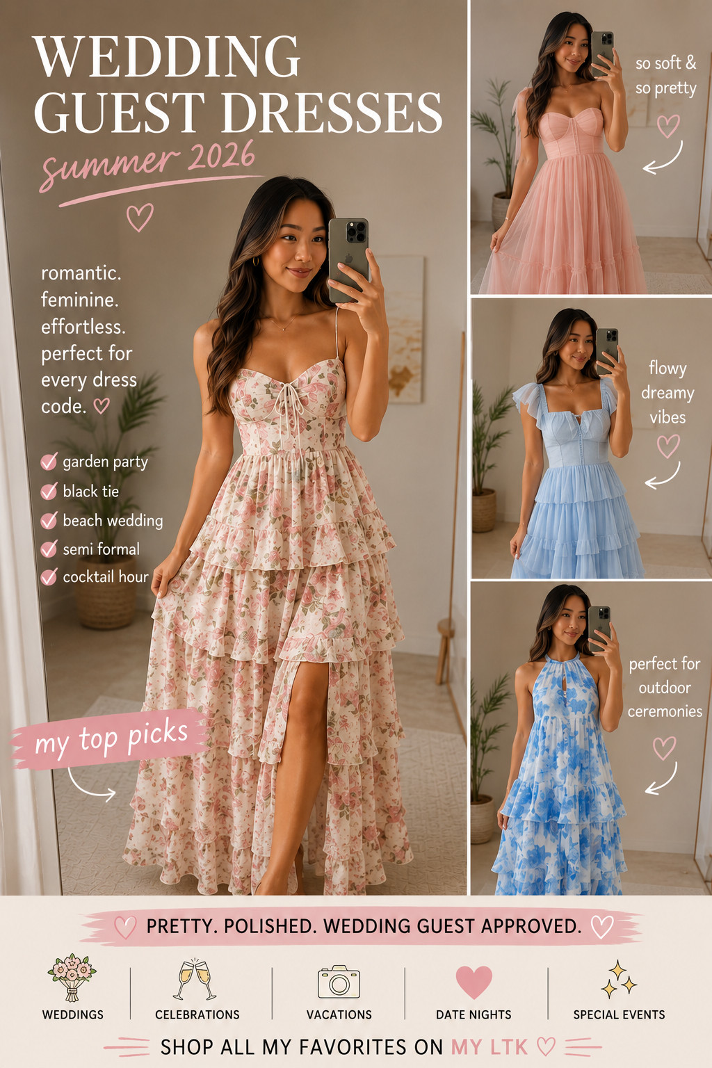 Wedding guest dresses I’m loving for summer 2026. Soft florals, pretty pastels, romantic ruffles, and flowy styles that work for weddings, bridal showers, vacations, date nights, and special events. Linking all my favorite feminine dress finds. #floraldress #floral #summerdress  

 #LTKmomlife #LTKSeasonal #LTKWedding