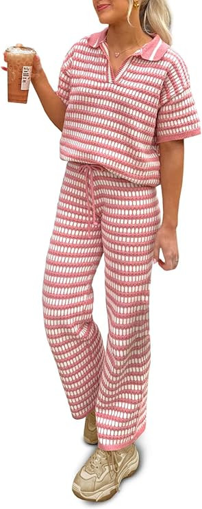 Imily Bela Womens 2 Piece Outfits Striped Short Sleeve Sweater Tops Knit Sets Wide Leg Pants Loun... | Amazon (US)