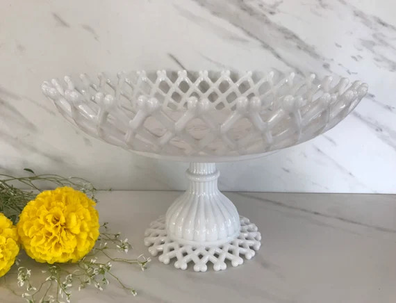 Antique Westmoreland Glass open Lattice Milk Glass Fruit Compote Bowl . Marked on bottom WG. Made... | Etsy (US)
