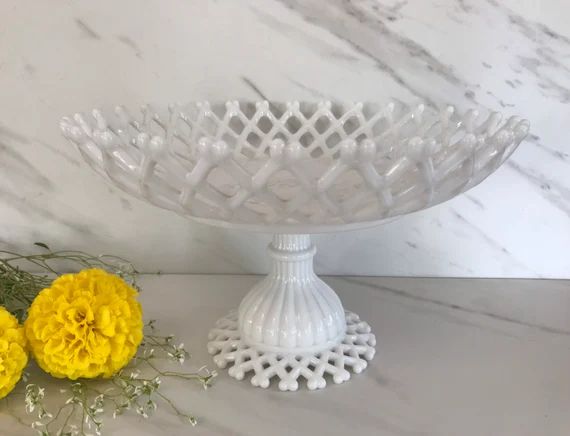 Antique Westmoreland Glass open Lattice Milk Glass Fruit Compote Bowl . Marked on bottom WG. Made... | Etsy (US)