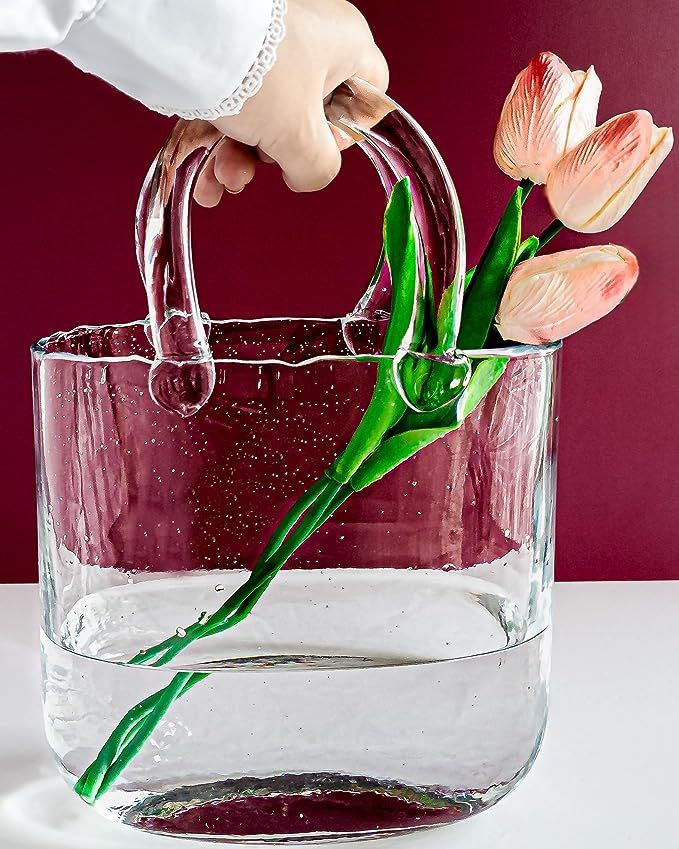 OLEEK Purse vase for Flowers (Handmade) Clear Glass Bag vase -10Inches- Clear, Cool & Cute vase f... | Amazon (US)