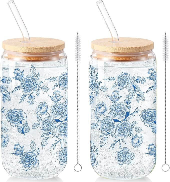 Sliner 2 Pcs Blue Flower Glass Cups Floral Gifts Drinking Glasses 16 oz Iced Coffee Tumbler with ... | Amazon (US)