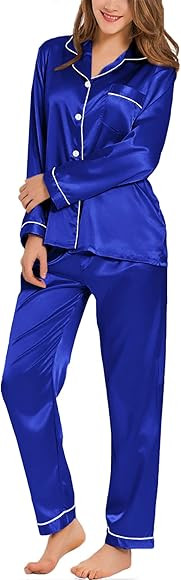 SWOMOG Pajamas Set Long Sleeve Sleepwear Womens Button Down Nightwear Soft Pj Lounge Sets Blue at... | Amazon (US)