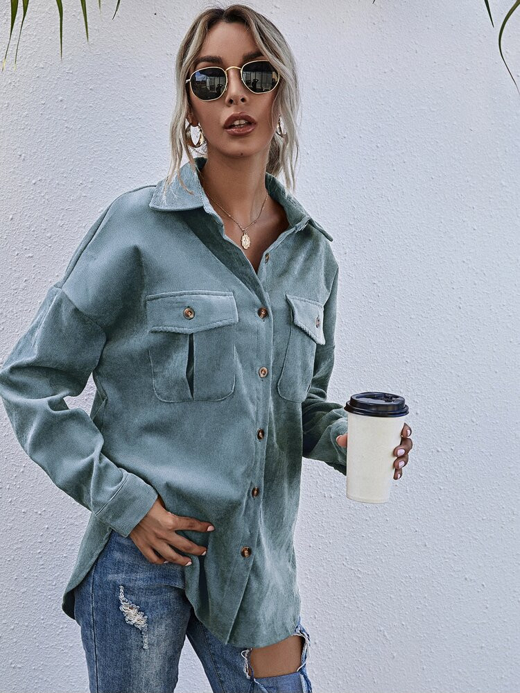 Button & Flap Pocket Front High Low Coat | SHEIN