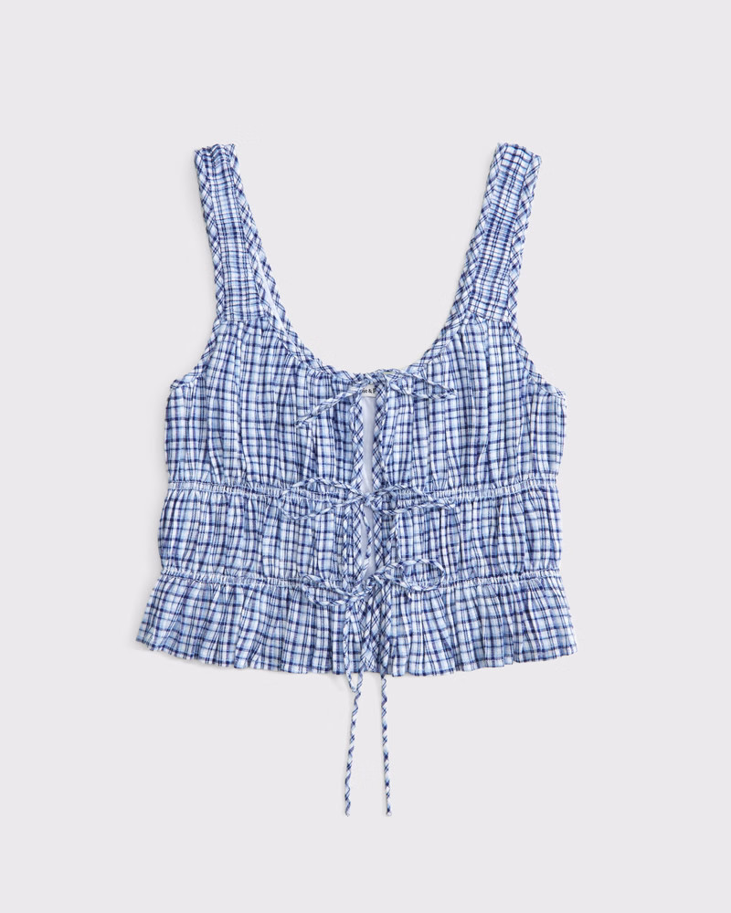 Abercrombie & Fitch Women's Ruched Tie-Front Top in Blue Plaid - Size XL | Abercrombie & Fitch (US)