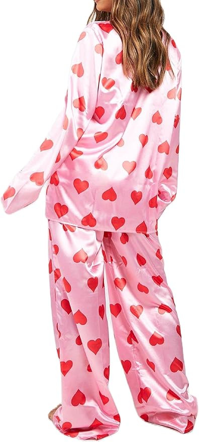 ROAONOCOMO Women Valentine’s Day Pajama Set Love Heart Long Sleeve Shirt Pants Silk Satin 2 Pie... | Amazon (US)