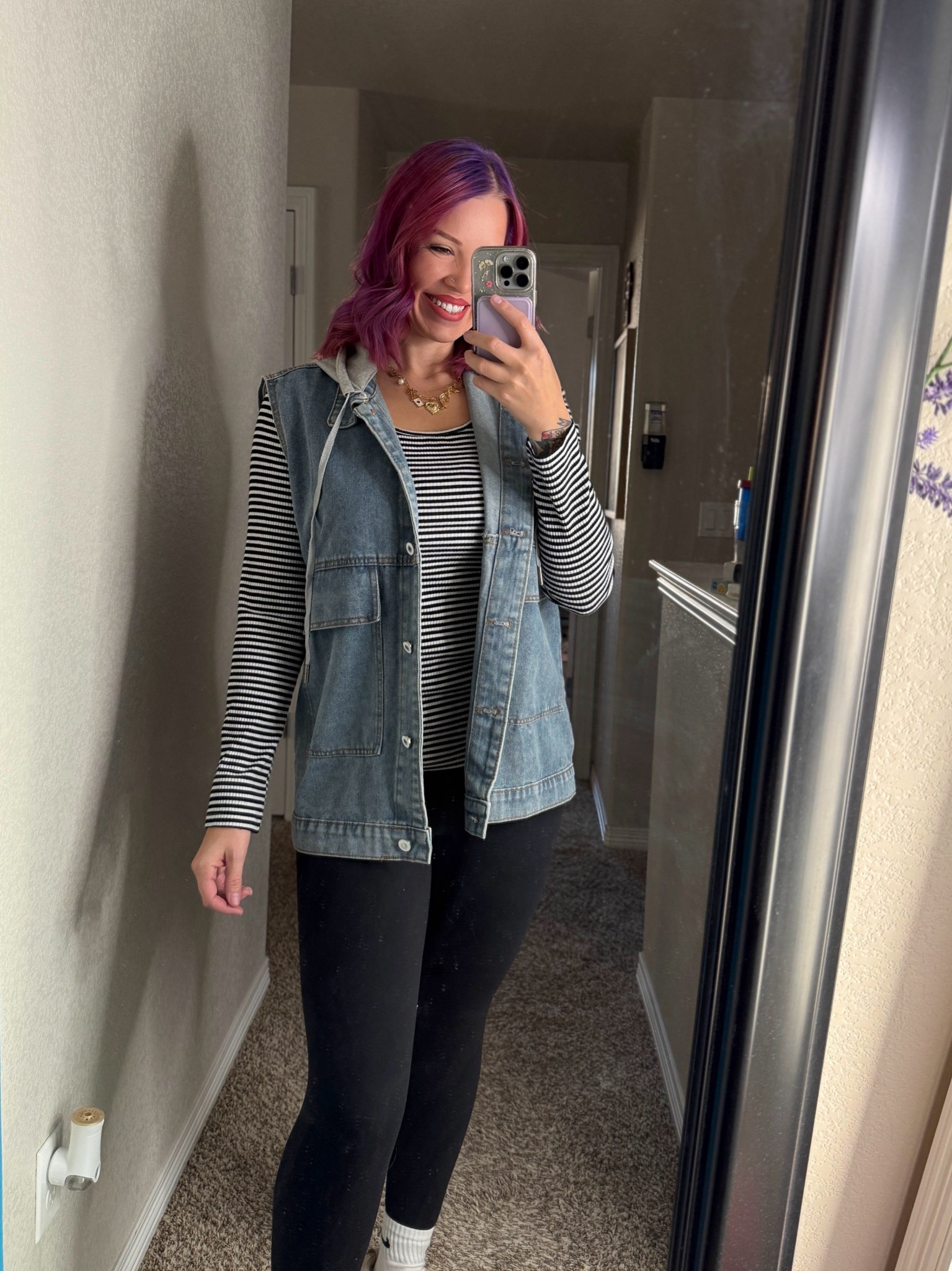 Dressing up some leggings for some errands today. Comfy, but also cute! Love this oversized denim vest with a detachable hood! Paired it with a black and white striped long sleeve and a cute charm necklace ✨ I’m wearing a medium in the leggings, a large in the vest and a large in the long sleeve top.
I’m 5’7”.

#LTKFindsUnder50 #LTKSeasonal #LTKMidsize