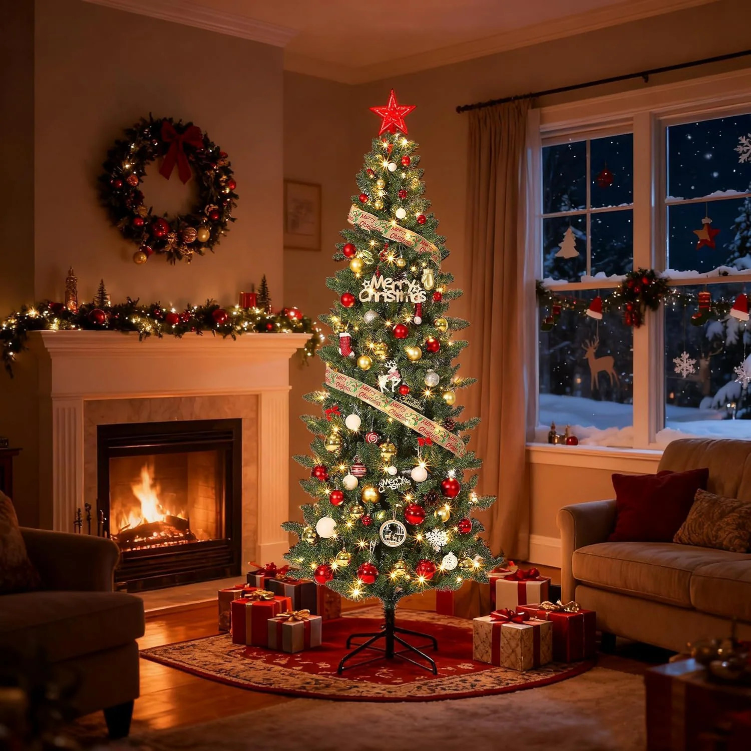 Garvee 7.5FT Pre-Lit Christmas Tree with 600 LED Lights PE and PVC Hinged Xmas Tree with Metal Stand Easy Assembly Ideal Holiday Decoration for Home | Lowe's