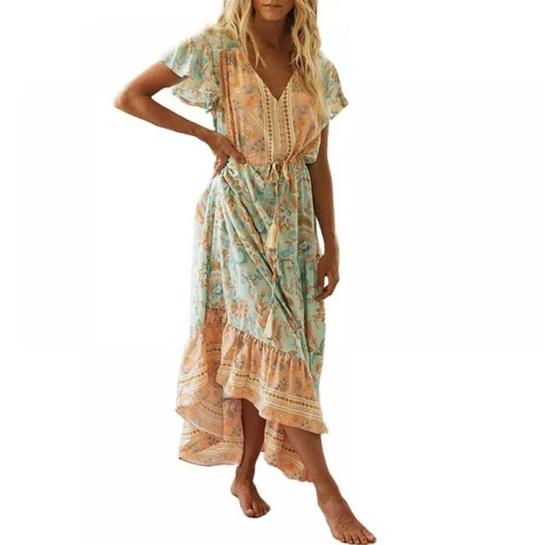 Women's Bohemian Floral Print Sexy V Neck Short Sleeve Flowy Beach Party Maxi Dress Temperament W... | Walmart (US)