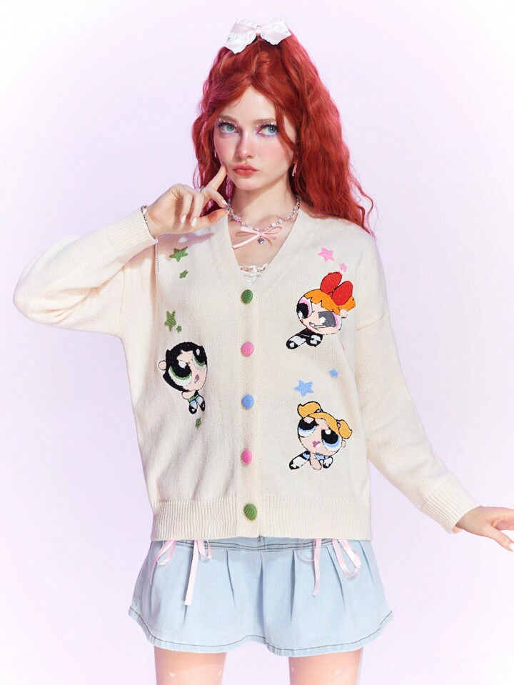 The Powerpuff Girls | ROMWE Cartoon Pattern Drop Shoulder Button Front Cardigan | SHEIN