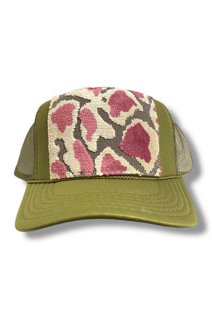 Kilim Trucker Hat -Olive w/Mauve Cheetah Print | The Willow Tree