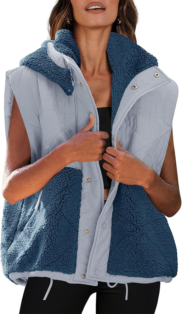 Nirovien Womens Sherpa Vest Oversized Fleece Vest Color Block Quilted Vest Button Down Padded Out... | Amazon (US)