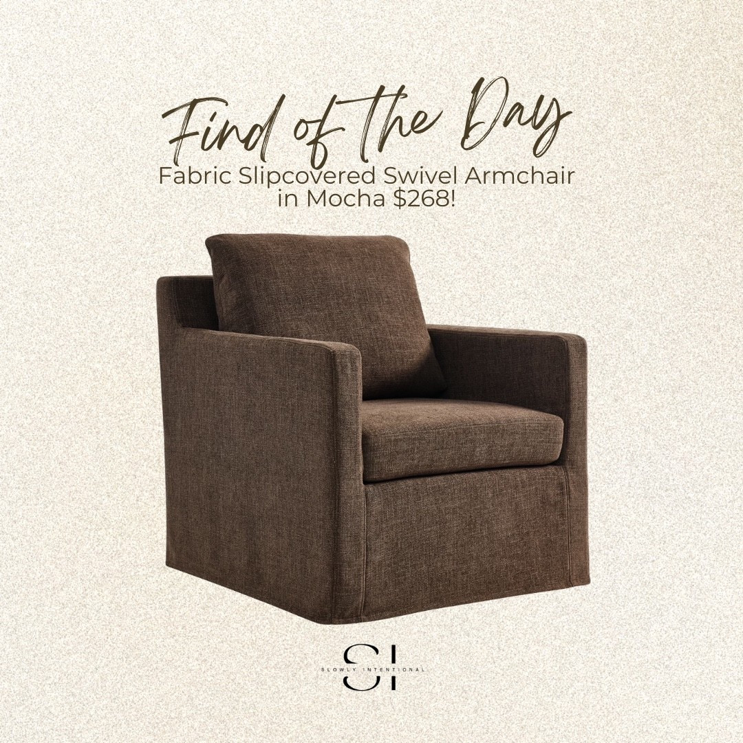 This comes in four color ways and the mocha slip coverage hair is on sale for $268! slipcovered swivel chair, mocha brown armchair, organic modern living room, cozy neutral decor, affordable accent chair, textured fabric armchair, mid century modern chair, comfy reading chair, neutral home finds, modern slipcovered seating

#LTKHome