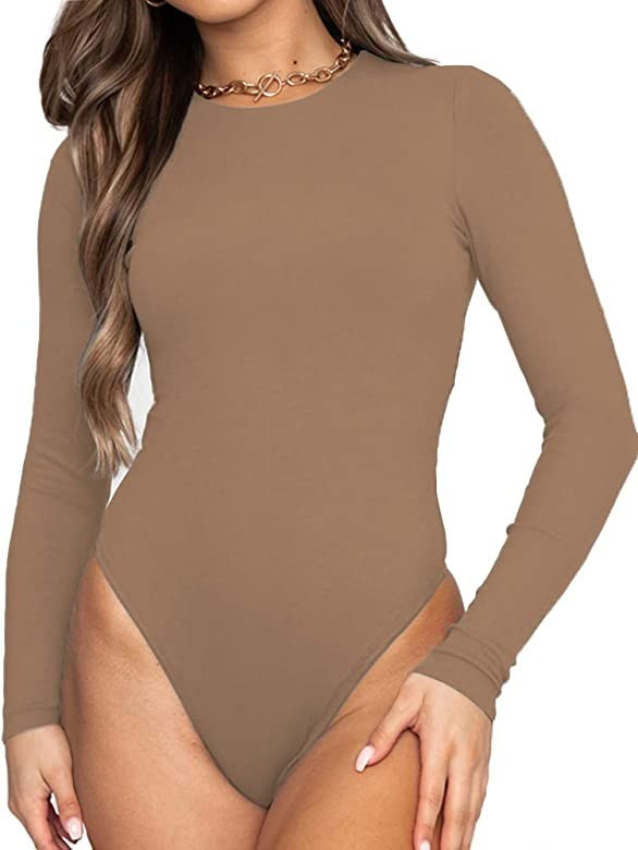 Allchic Womens Long Sleeve Bodysuit Tops Round Neck T Shirt Sexy Jumpsuits | Amazon (US)