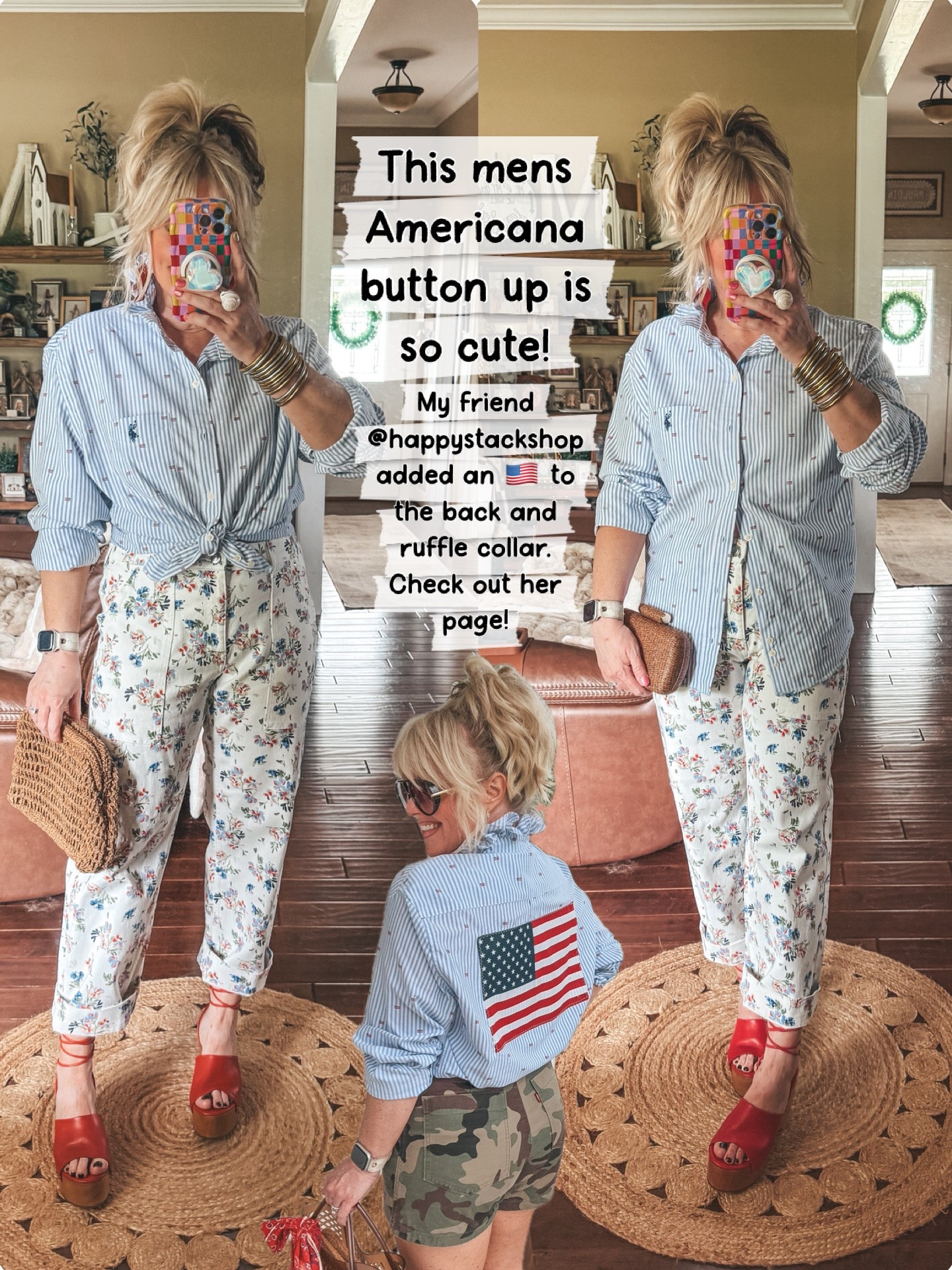 Adorable Americana 🇺🇸 mens button up. I’m in a large and @happystackshop added the ruffle collar and 🇺🇸 to the back. Check out her page. 
✨These floral jeans are so cute. I’m in a medium size 8. 
♥️Red wrap sandals run true to size.

#LTKootd #LTKOver40