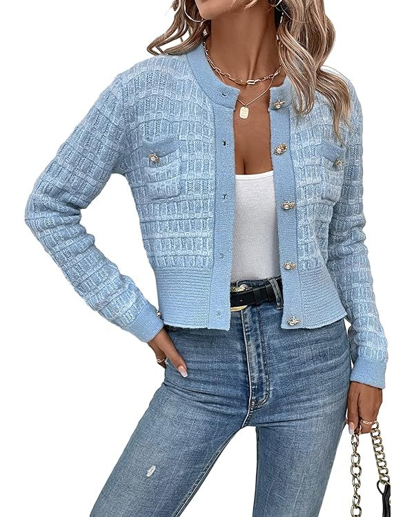 MakeMeChic Women's Pocket Patched Button Front Long Sleeve Cardigan Sweater | Amazon (US)