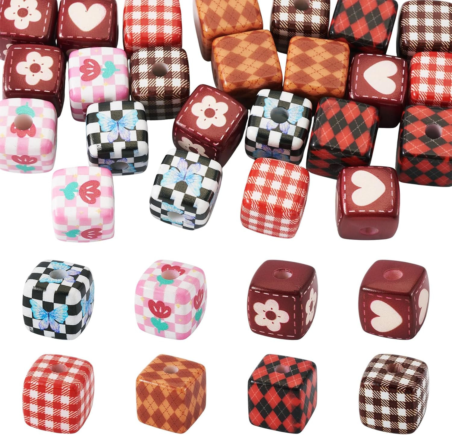 Cheriswelry 24Pcs Acrylic Cube Beads Heart Flower Butterfly Plaid Square Bead Colorful Print Loose Spacer Beads 13.5-14.5mm for DIY Bracelet Necklace Earring Keychain Jewelry Making | Amazon (US)