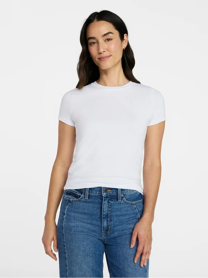 Time and Tru Women's Slim Fit Crewneck Tee with Short Sleeves, Sizes XS-XXXL | Walmart (US)