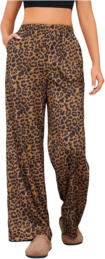 OYOANGLE Women's Leopard Print Elastic High Waist Long Pants Wide Leg Loose Trousers with Pockets | Amazon (US)