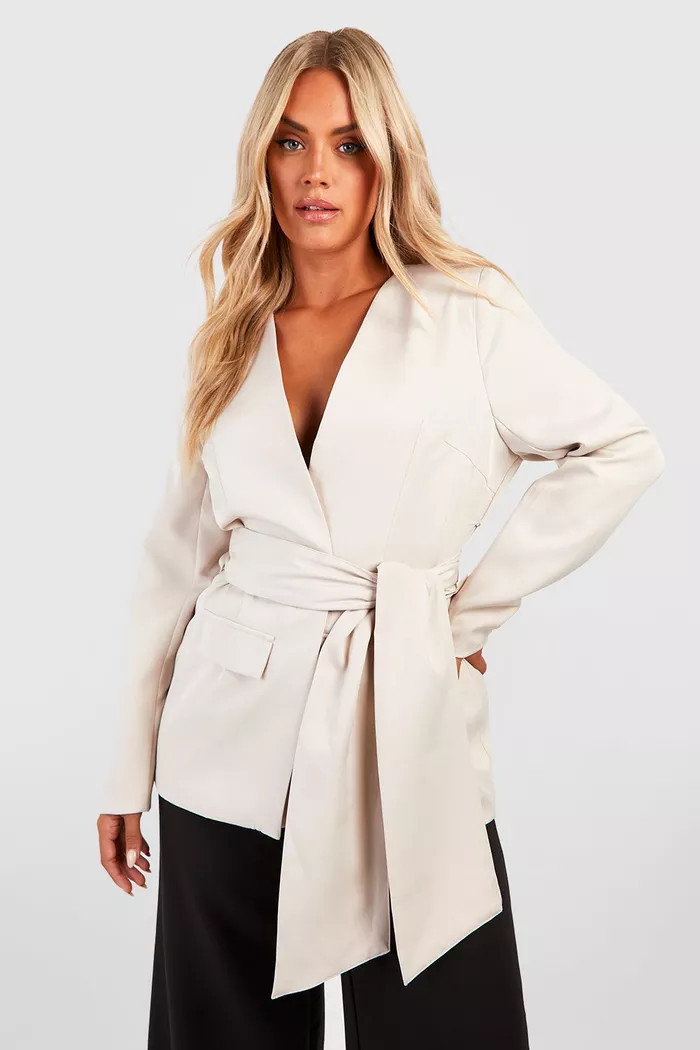 Plus Woven Tie Belt Pocket Blazer | Boohoo.com (UK & IE)