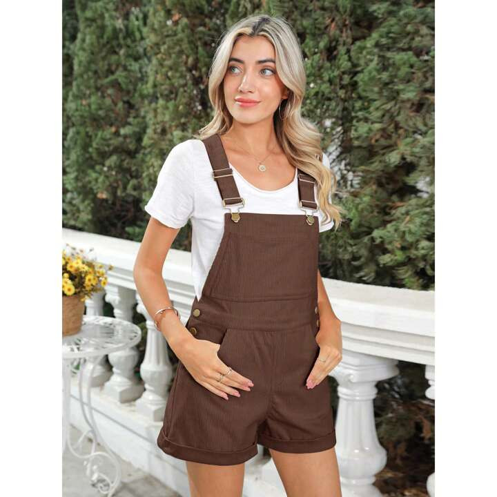 BZB Women Corduroy Short Overalls Romper Jumpsuit Casual Adjustable Straps Cute Plain Overall Wit... | SHEIN