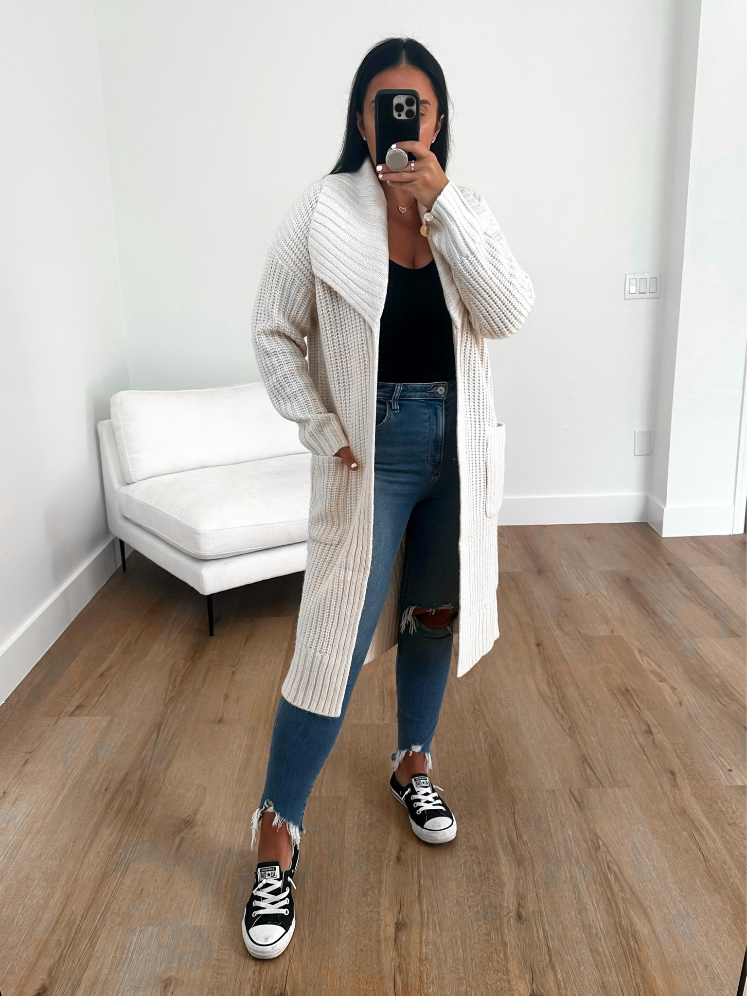 Converse Chuck Taylor All Star Shoreline Slip-On Sneaker. Distressed Skinny Jeans. Ribbed Oversized Collar Duster Cardigan wearing size medium. 
