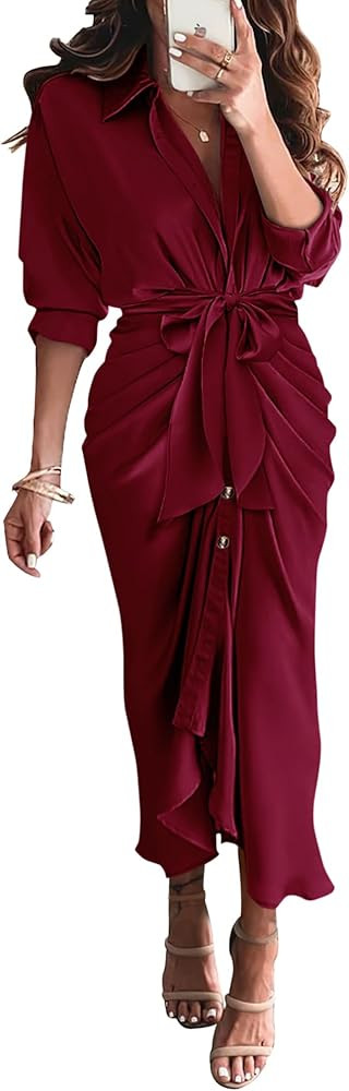 BTFBM Summer Dresses for Women 2025 Long Sleeve Lapel V Neck Button Down Elegant Belted Ruched Sa... | Amazon (US)