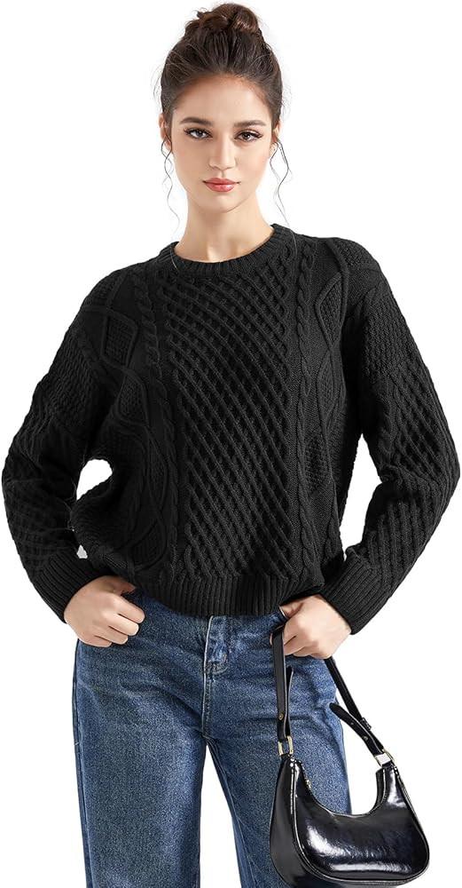 SUUKSESS Women Oversized Cable Knit Sweater Fall Long Sleeve Crew Neck Pullover Tops 2024 | Amazon (US)