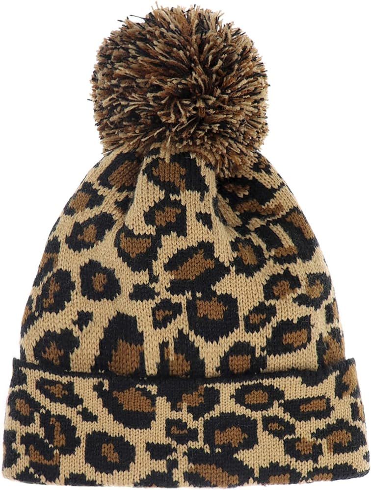 Supstar Women Girls Fashion Winter Beanie hat with Leopard Pattern and Fur Pom | Amazon (US)