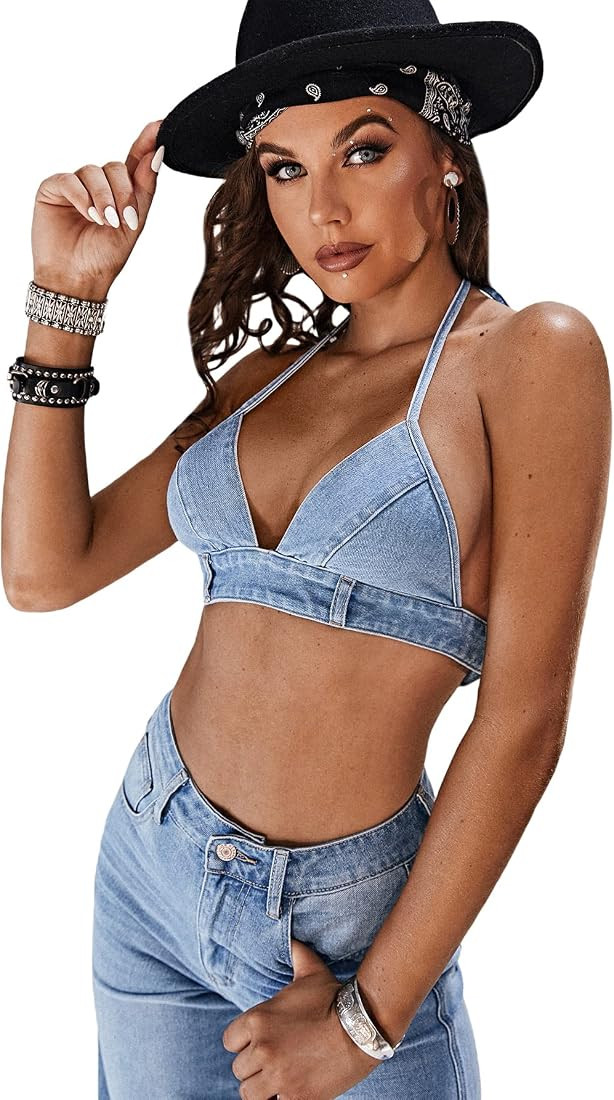WDIRARA Women's Color Block Tie Open Back Frayed Denim Crop Halter Top | Amazon (US)