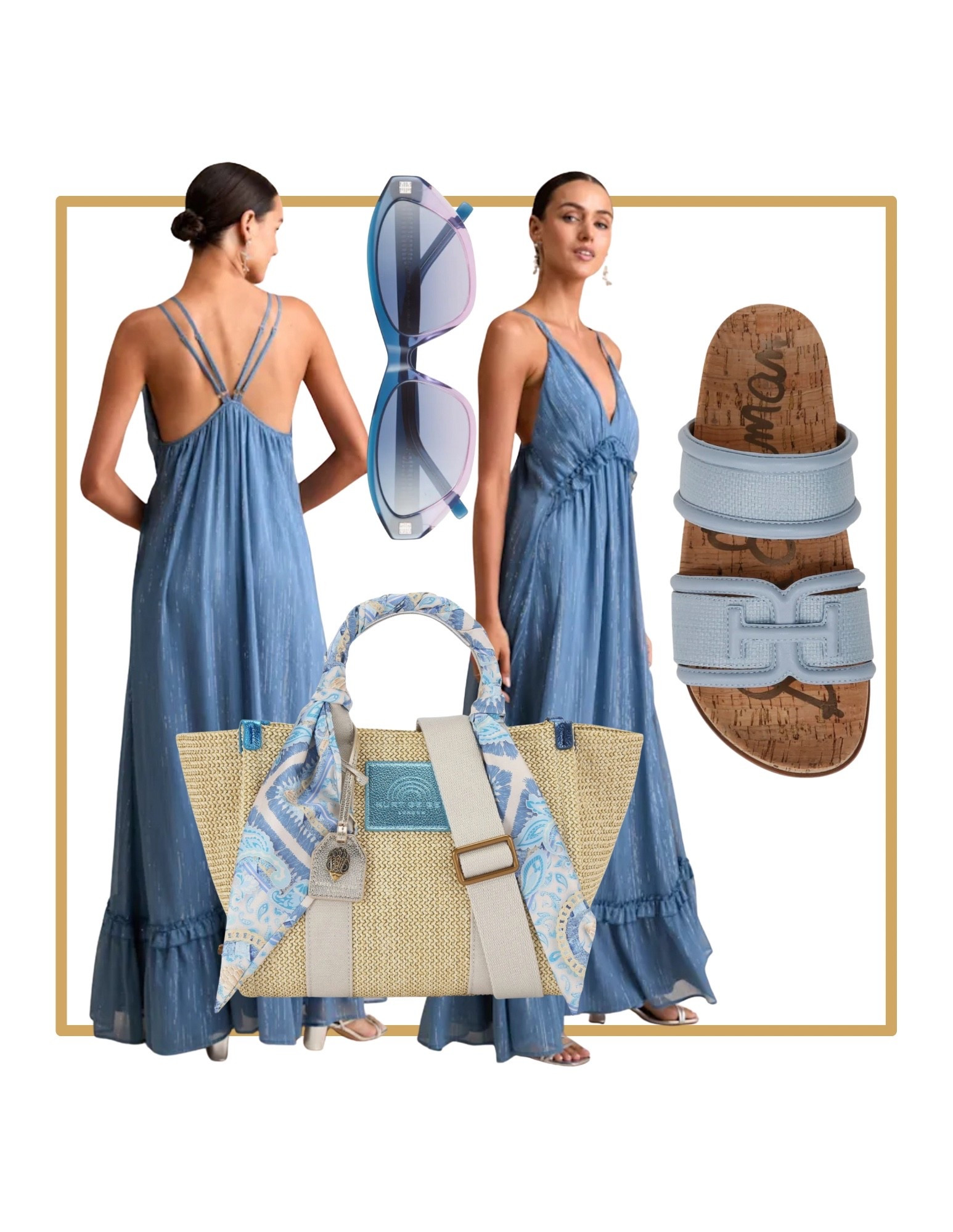 Blue ruffled maxi dress. Scarf detail handle purse handbag. Blue sunglasses. Blue footbed flat slide on sandals. Boho bohemian vacation resort destination date night outfiit

#LTKShoeCrush #LTKItBag #LTKTravel