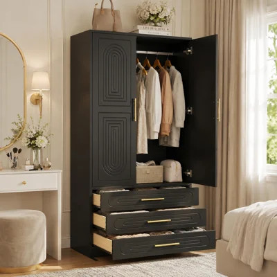 70.9'' H Black Armoire Wardrobe with 2 Doors, 3 Drawers, Hanging Rod and Finger-Pull Design | Wayfair North America