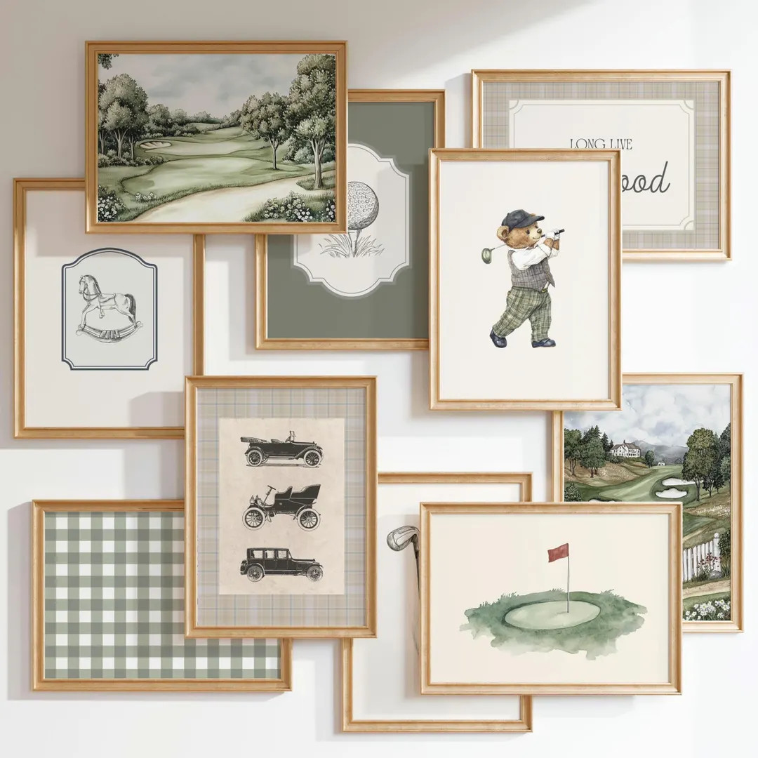 Vintage Teddy Bear Nursery Golf Prints, Set of 10 Prints, Sage Green, Nostalgic Wall Decor, Vinta... | Etsy (US)