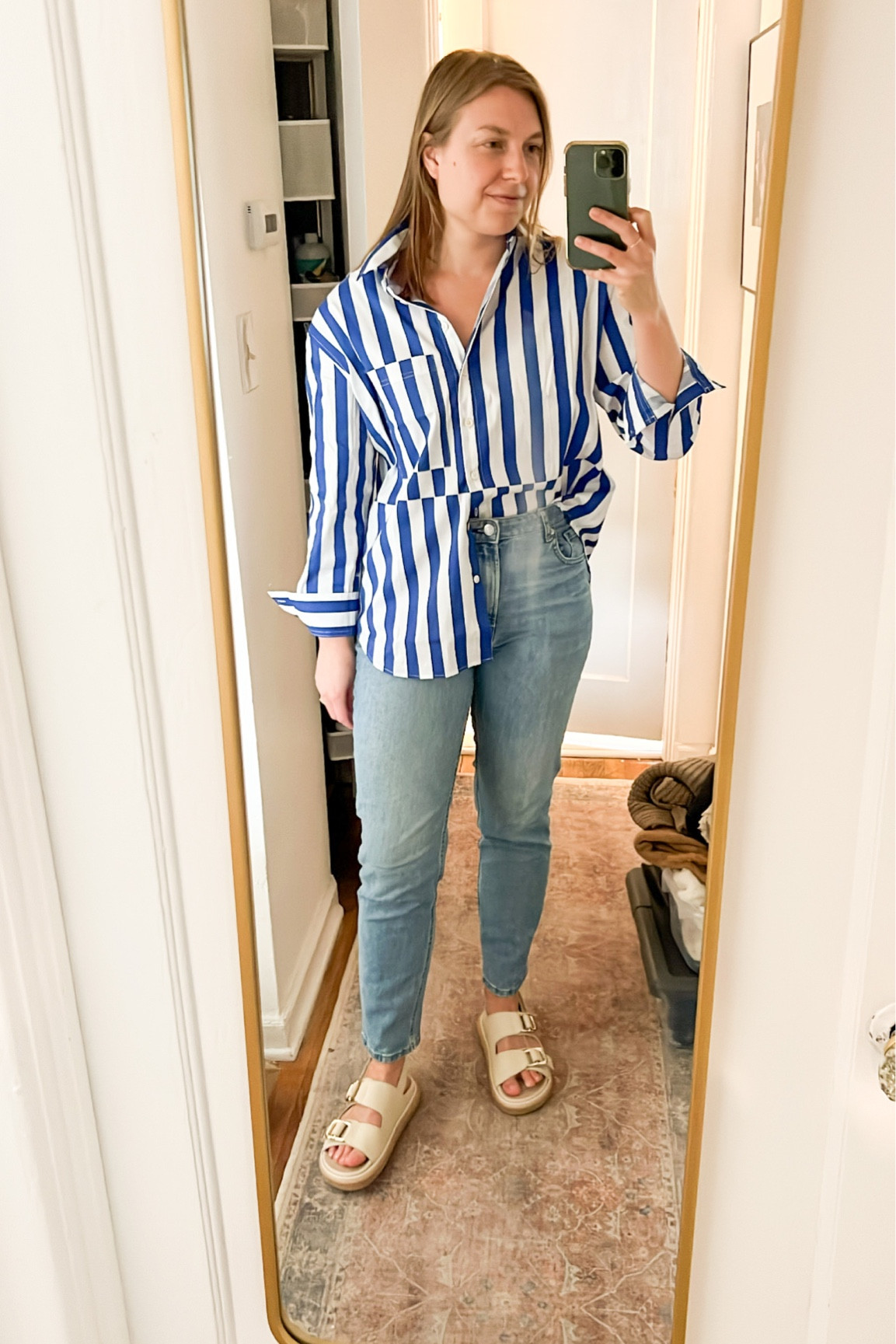 summer button down, lightweight button down, boyfriend shirt, Fourth of July shirt, summer workwear, oversized button down, chunky sandals, summer sandals, sandals, curvy denim, summer outfit, chic sandals, 

#LTKstyletip #LTKSeasonal #LTKshoecrush