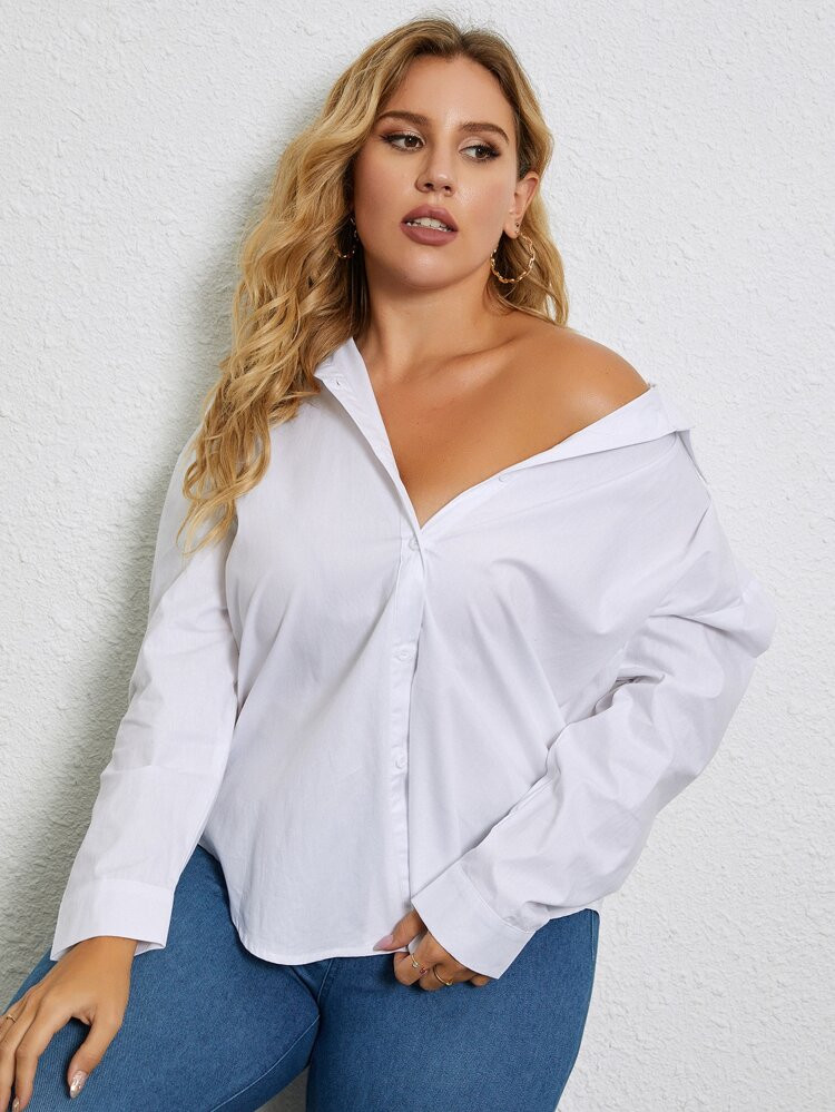 Plus Solid Button Up Blouse | SHEIN