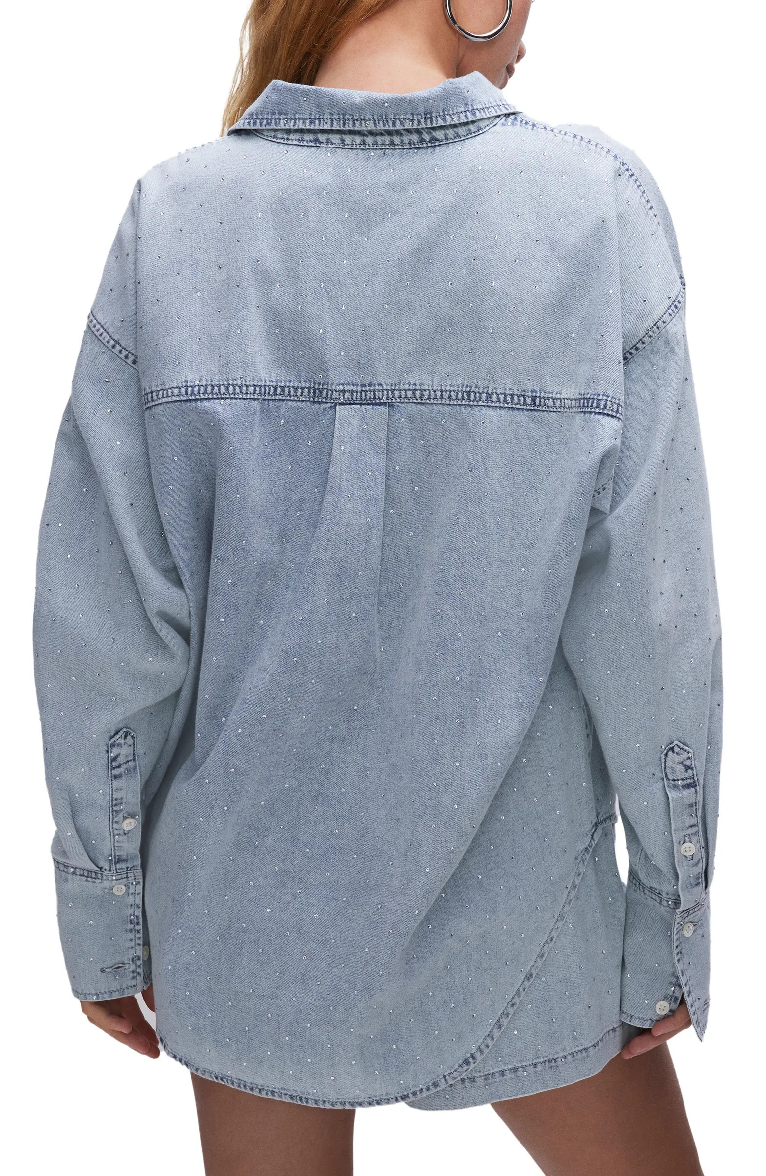 Weekend Rhinestone Oversize Nonstretch Denim Button-Up Shirt | Nordstrom
